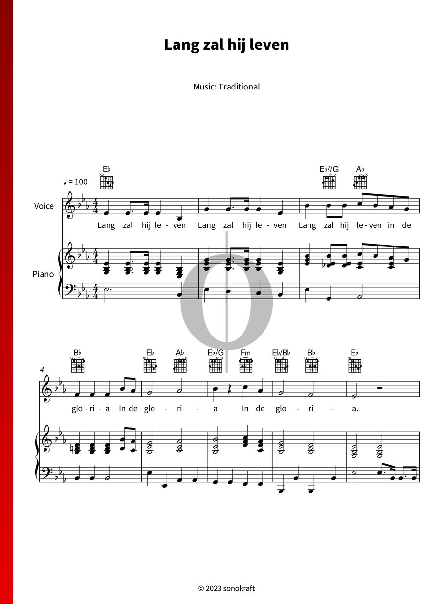 Lang zal hij leven (Anonymous) Piano Sheet Music OKTAV