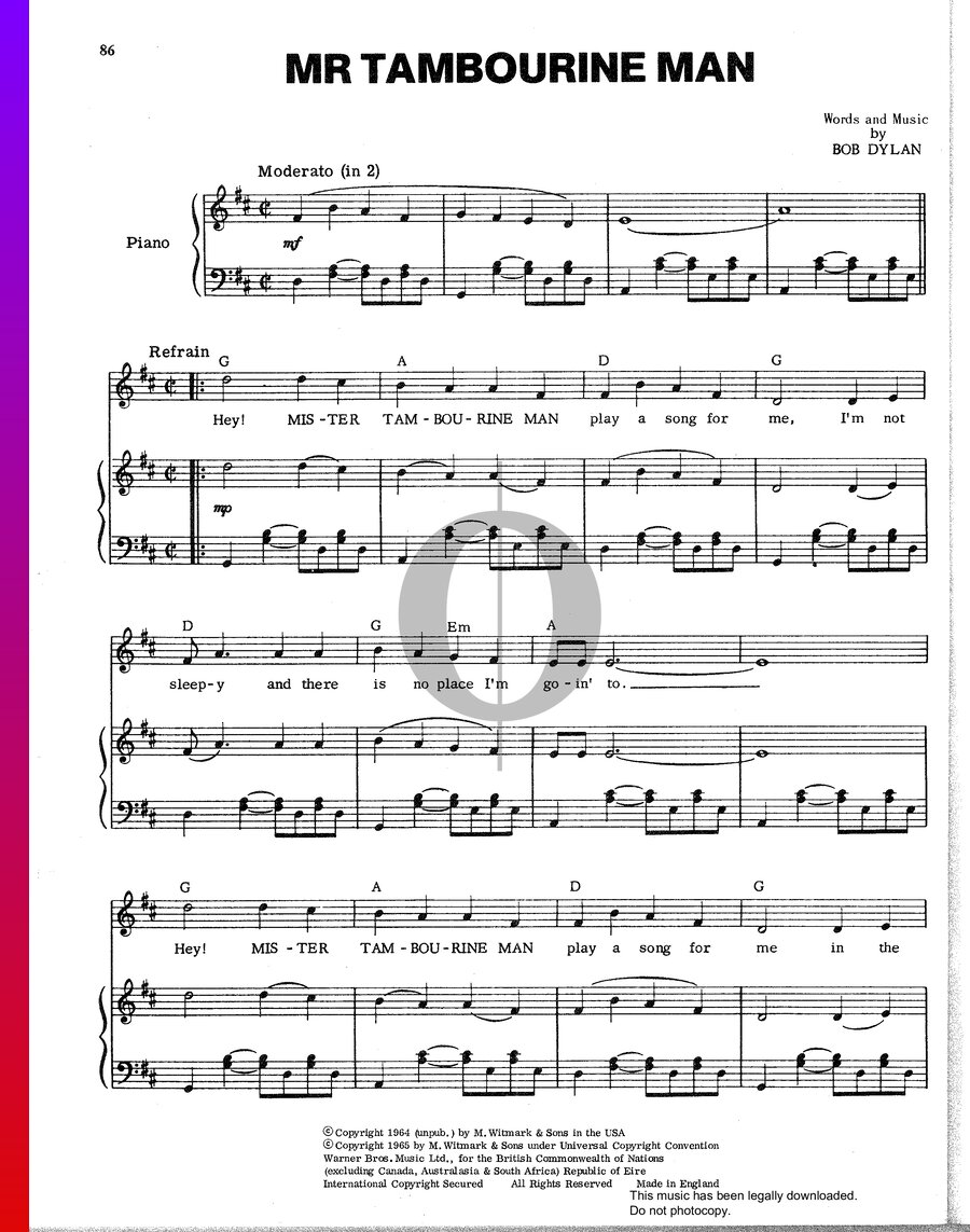 Mr. Tambourine Man (Bob Dylan) Piano Sheet Music - OKTAV
