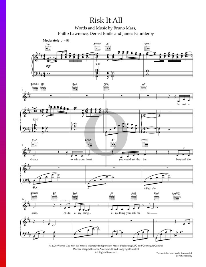 Risk It All (Bruno Mars) Piano Sheet Music - OKTAV